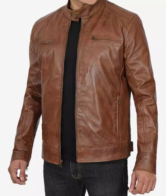 Men's Chocolate Brown Waxed Cafe Racer Motorcycle Leather Jacket image 0