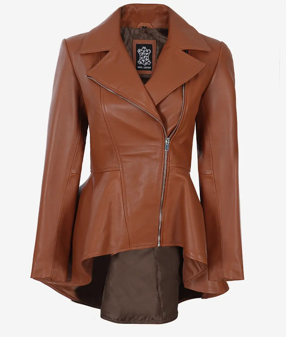 Women's Cognac Asymmetrical Peplum Leather Jacket image 1