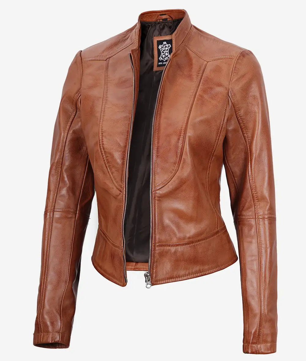 Women's Slim Fit Tan Brown Waxed Biker Leather Jacket image 0