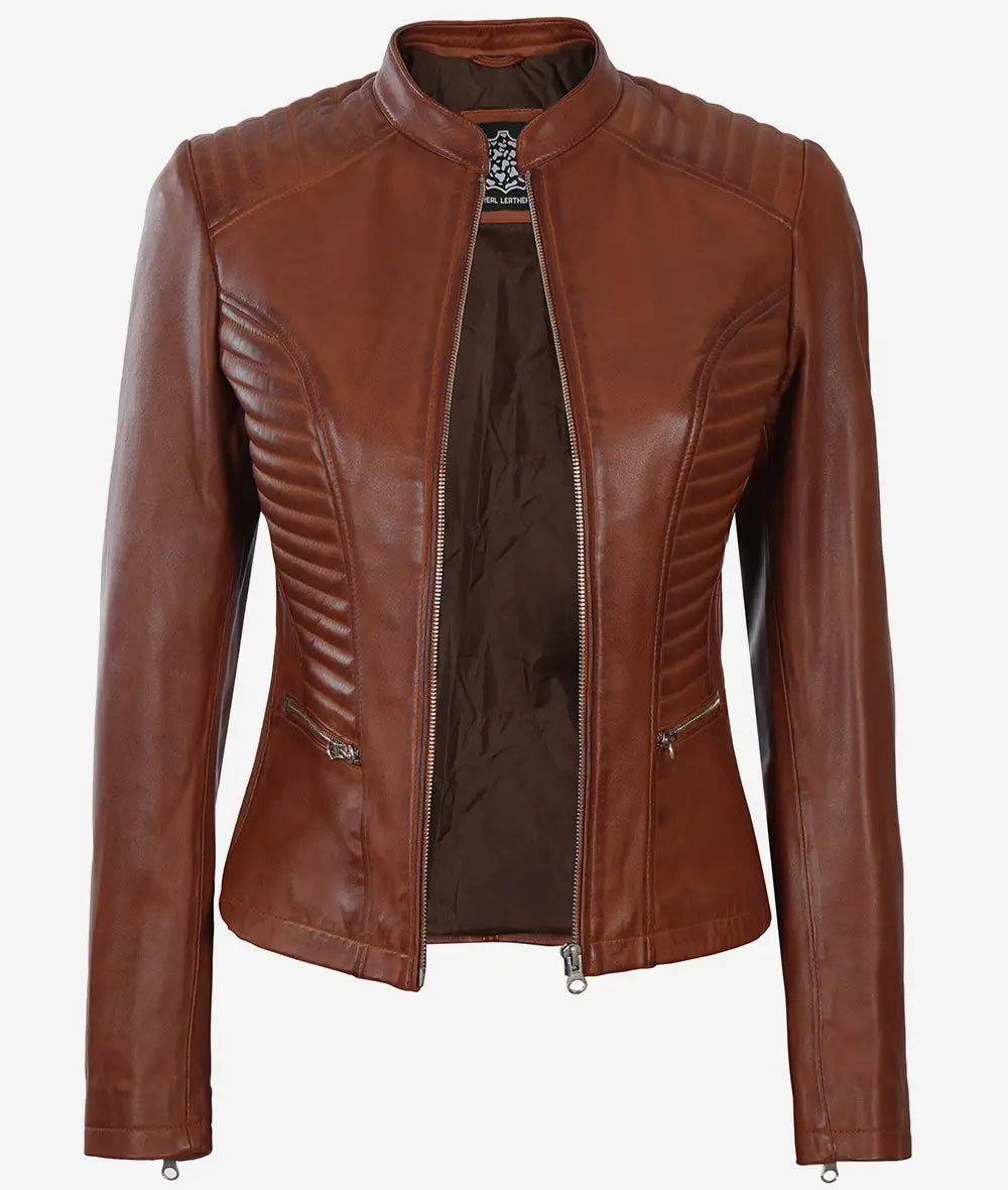 Women's Cognac Real Leather Slim Fit Biker Jacket image 1