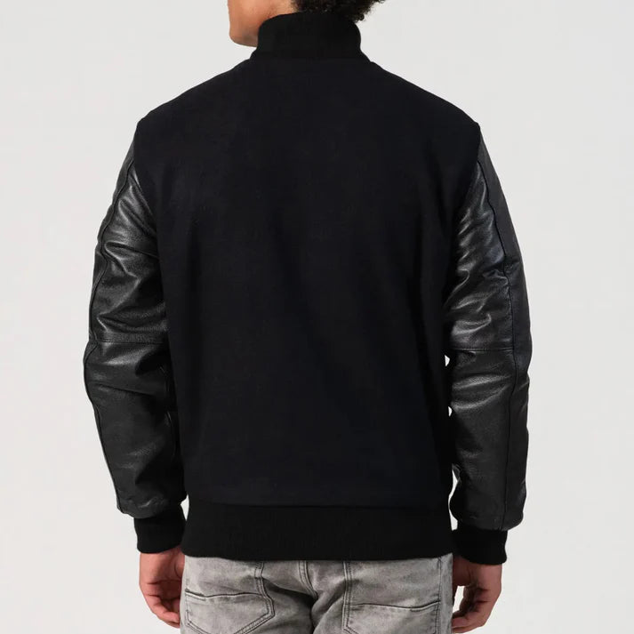 Men's Black Melton & Cowhide Wool Varsity Jacket image 1