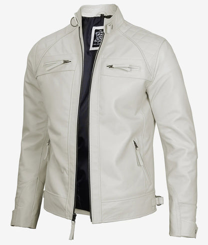 Men's Off White Quilted Shoulder Cafe Racer Leather Jacket image 1