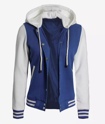 Women's Royal Blue and White Letterman Hooded Jacket image 0