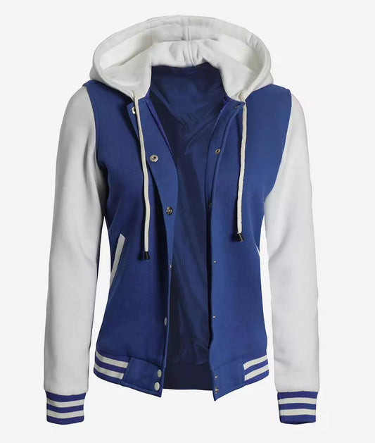 Women's Royal Blue and White Letterman Hooded Jacket image 0