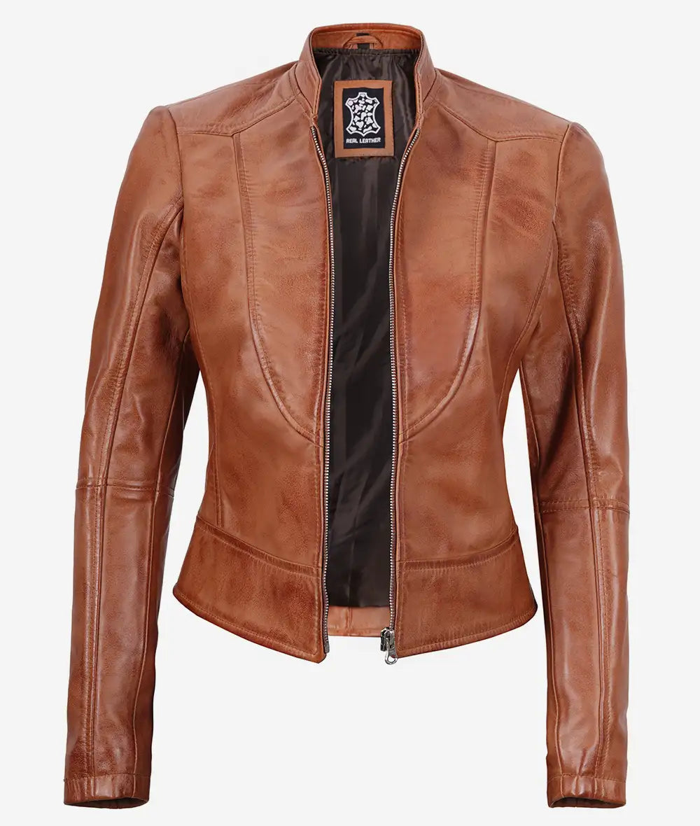 Women's Slim Fit Tan Brown Waxed Biker Leather Jacket image 1