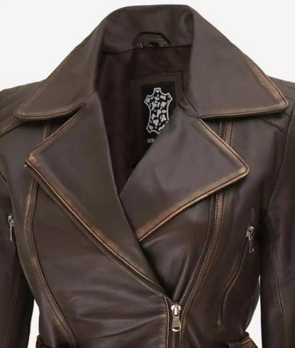Women's Asymmetrical Rub Off Dark Brown Leather Belted Jacket image 1