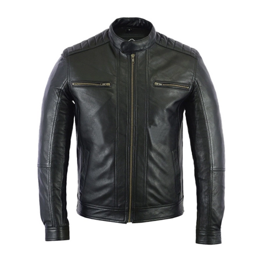 Mens Black Leather Biker Moto Jacket image 0