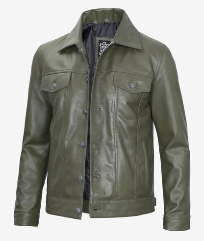 Men's Military Green Four Pockets Leather Trucker Jacket image 1