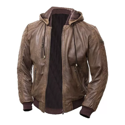 Men’s Brown Leather Hooded Jacket image 0