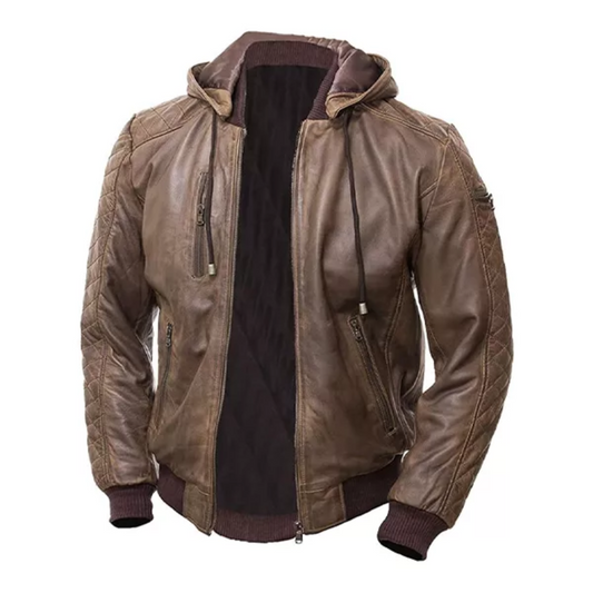 Men’s Brown Leather Hooded Jacket image 0