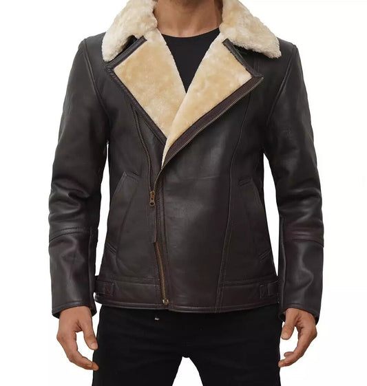 Men's Dark Brown  Shearling Bomber Leather Jacket image 0