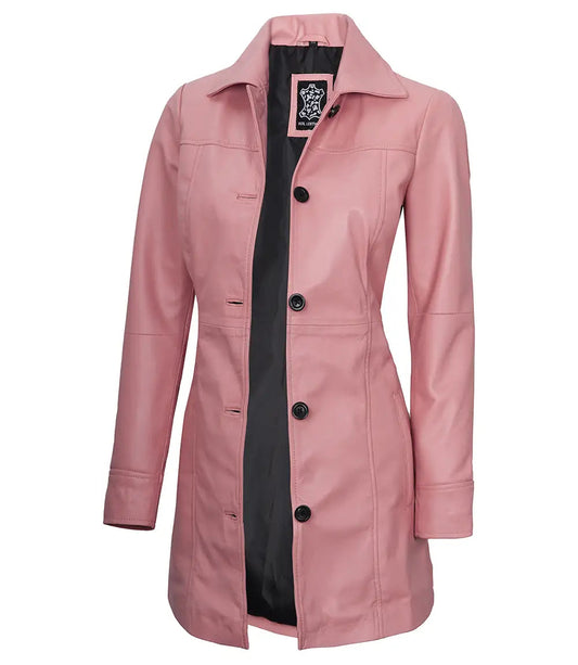 Women's Pink Button Down Real Leather Car Coat image 0