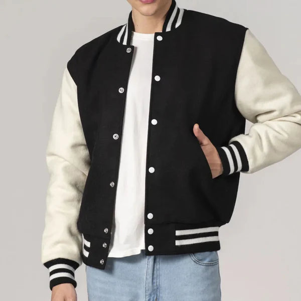 Men's Customizable Black & White All-Wool Varsity Jacket image 1