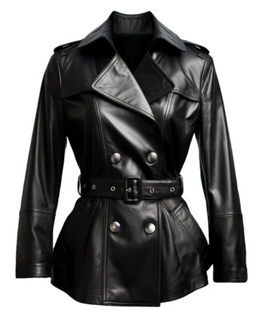 Women's Black Long Leather Trench Coat image 0