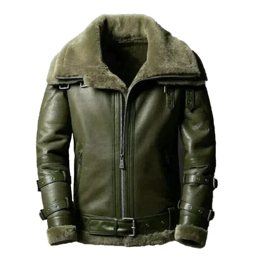 Men's Double Collar Green RAF Faux Shearling Bomber Jacket image 0