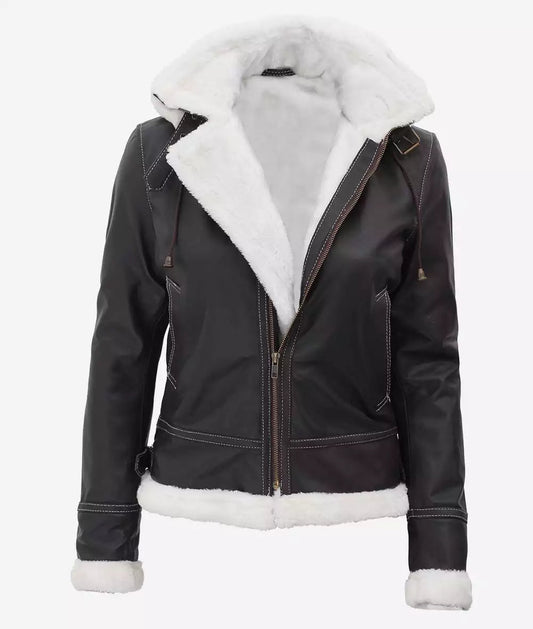 Women's B3 Brown Mary Hooded Shearling Bomber Jacket image 0