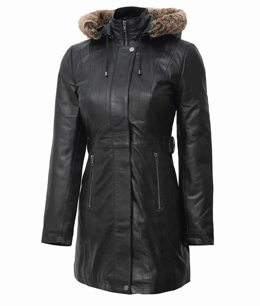 Women's Black Premium Leather Coat | Removable Fur Hood image 0