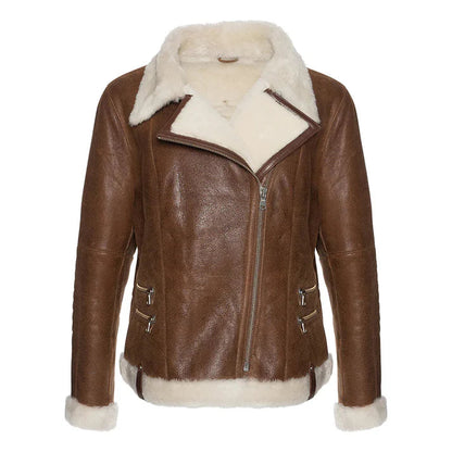 Women's Brown Merino Faux Shearling Leather Jacket image 0