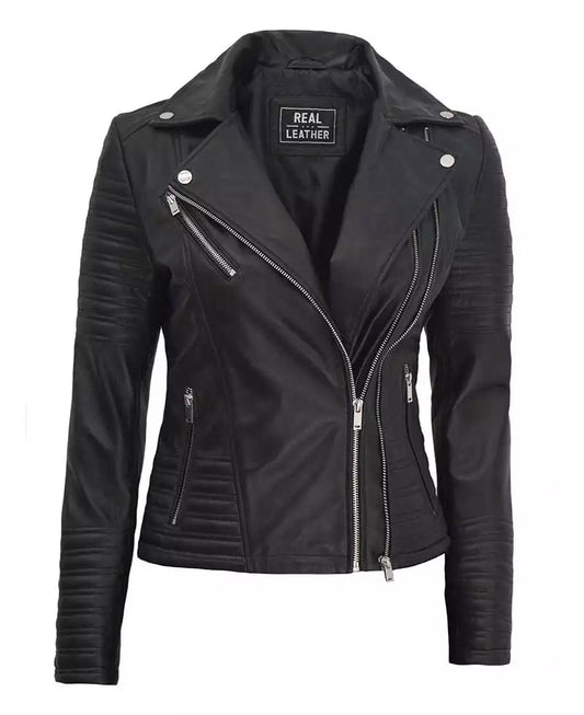 Women's Finest Asymmetrical Black leather Biker Jacket image 0