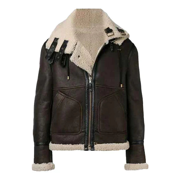 Men's Hooded Faux Shearling Brown Leather Jacket image 0