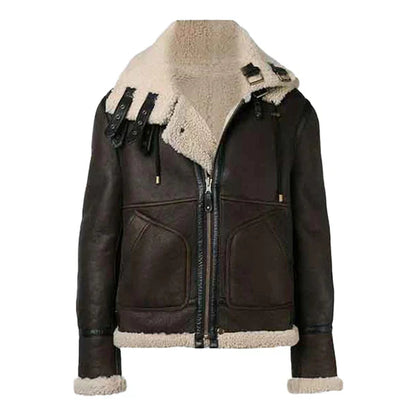Men's Hooded Faux Shearling Brown Leather Jacket image 0