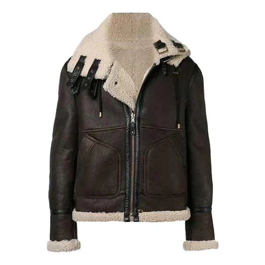 Men's Hooded Faux Shearling Brown Leather Jacket image 0