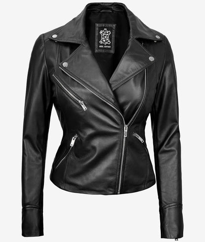 Rita Women's Black Asymmetrical Leather Biker Jacket image 1