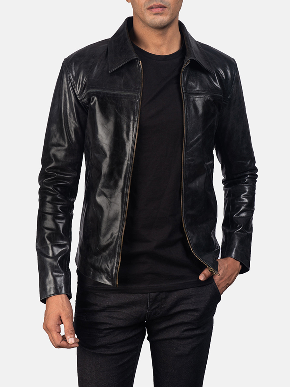 Black Leather Cafe Racer Jacket image 1