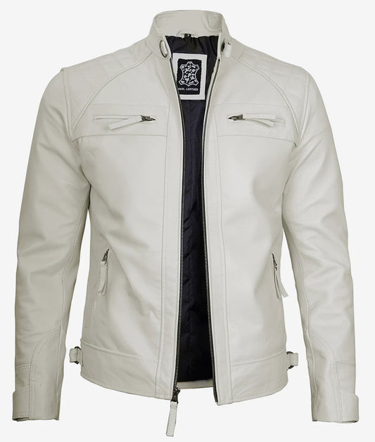 Men's Off White Quilted Shoulder Cafe Racer Leather Jacket image 0
