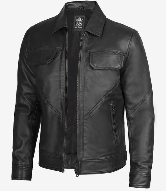 Men's Classic Black Shirt Collar Trucker Leather Jacket image 0
