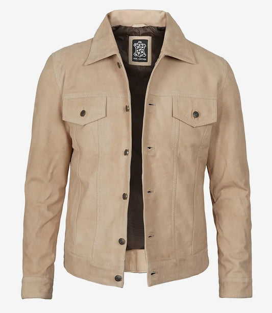 Men's Camel Suede Trucker Jacket image 0