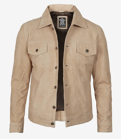 Men's Camel Suede Trucker Jacket image 0