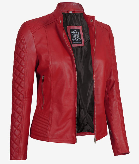 Women's Red Quilted Cafe Racer Real Leather Jacket image 0