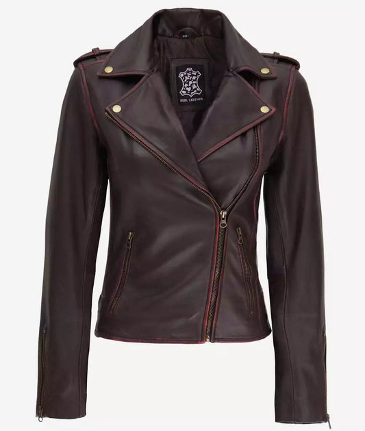 Women's Asymmetrical Dark Brown Moto Leather Jacket image 0