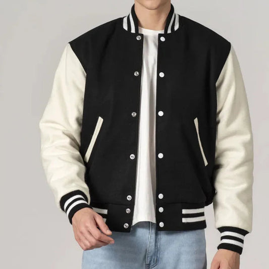 Men's Customizable Black & White All-Wool Varsity Jacket image 0