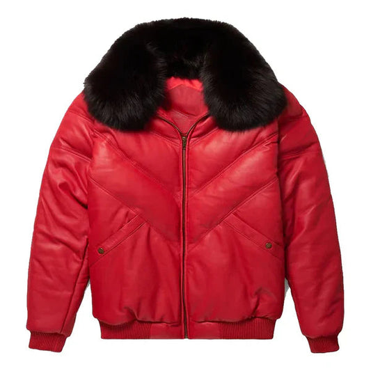 Men's V-Bomber Faux Shearling Red Leather Jacket image 0