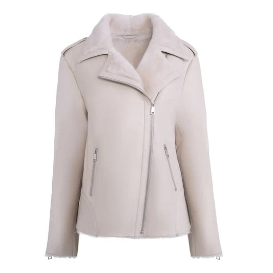 Women's White Shearling Straight Moto Leather Jacket image 0