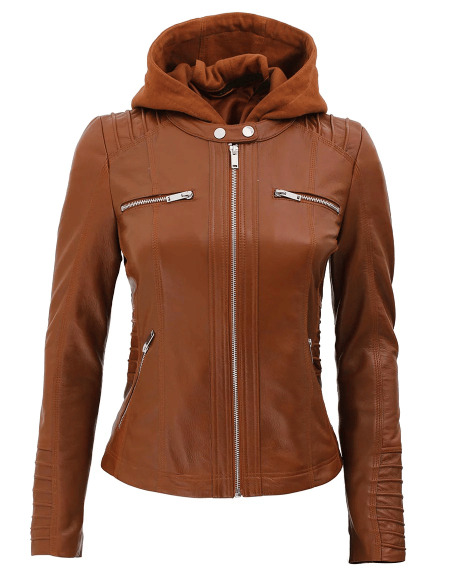 Womens Brown Racer Leather Jacket With Removable Hood image 5