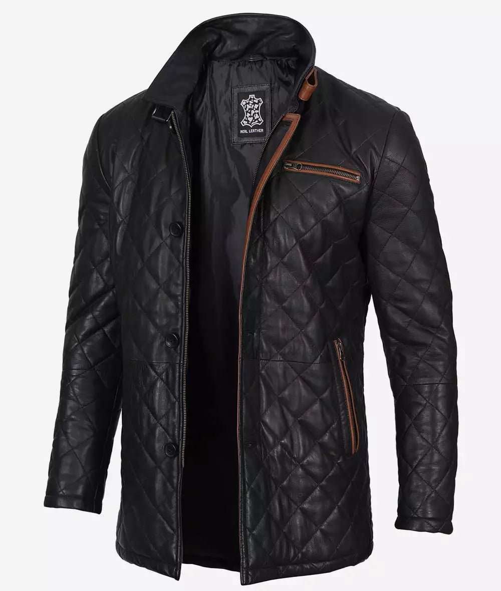 Men's Quilted Black Diamond Leather Car Coat - Brown Detailing image 1
