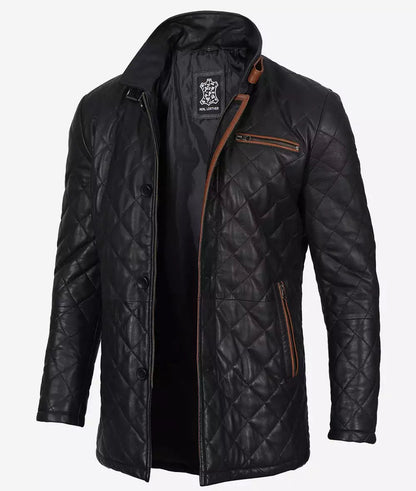 Men's Quilted Black Diamond Leather Car Coat - Brown Detailing image 1