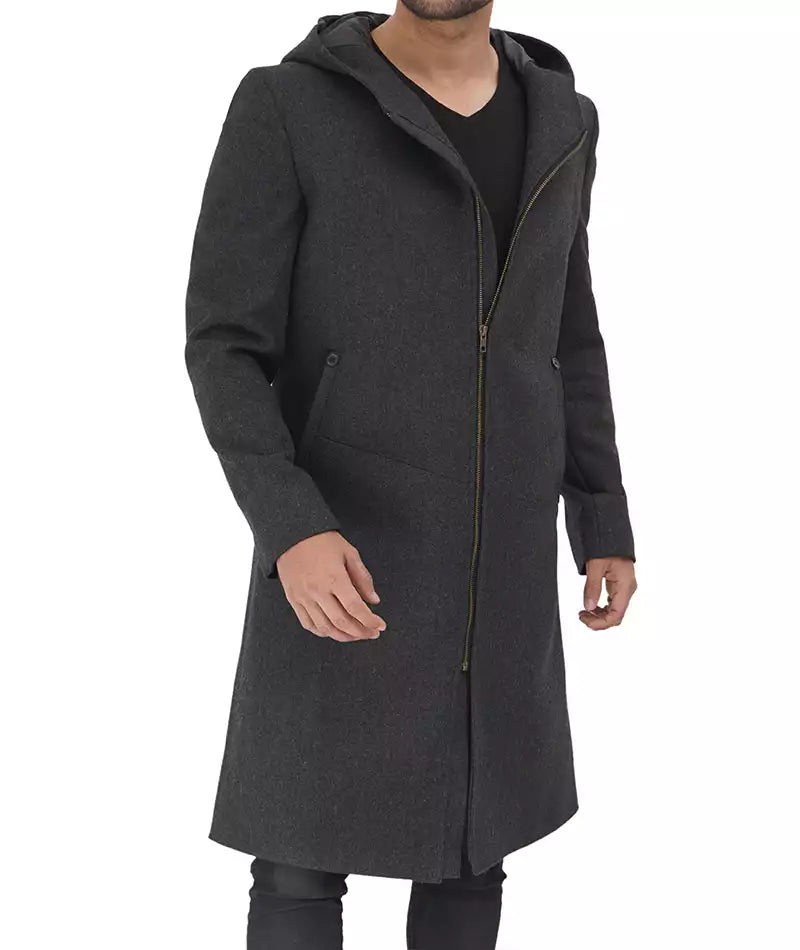 Men's Gray Long Wool Overcoat with Hood image 1