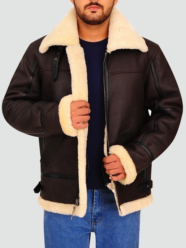 Mens Bomber Leather Aviator Shearling Jacket image 1