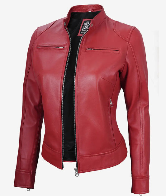 Women's Red Real Leather Moto Jacket image 0