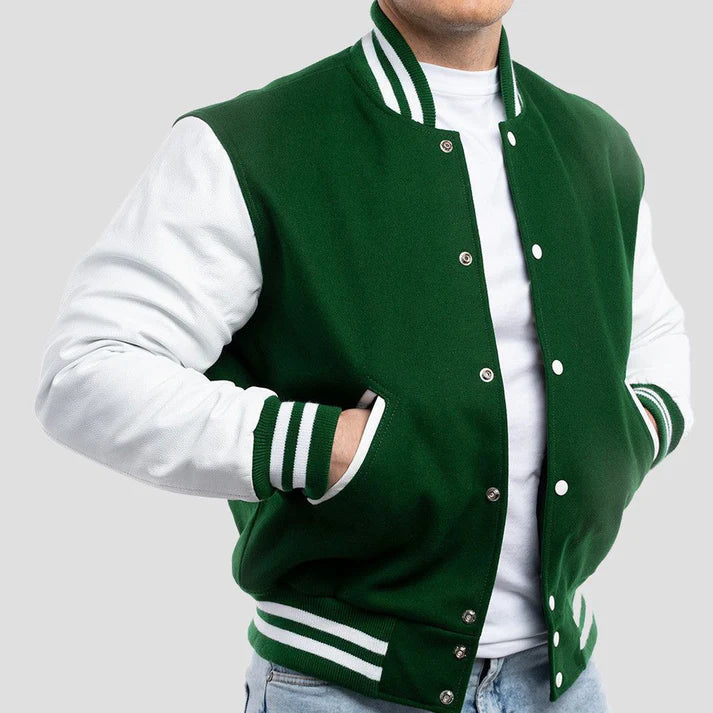 Kelly Green Wool Varsity Jacket with Bright White Leather Sleeves image 0