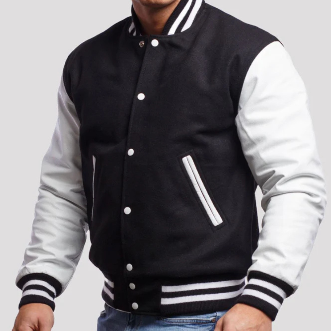 Black Wool Varsity Jacket with Bright White Leather Sleeves image 1