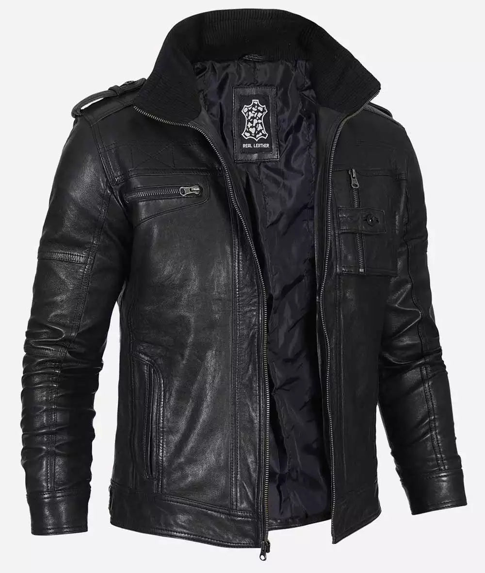 Men's Washed Black Real Leather Biker Jacket image 0