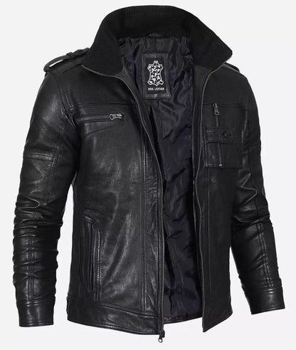 Men's Washed Black Real Leather Biker Jacket image 0