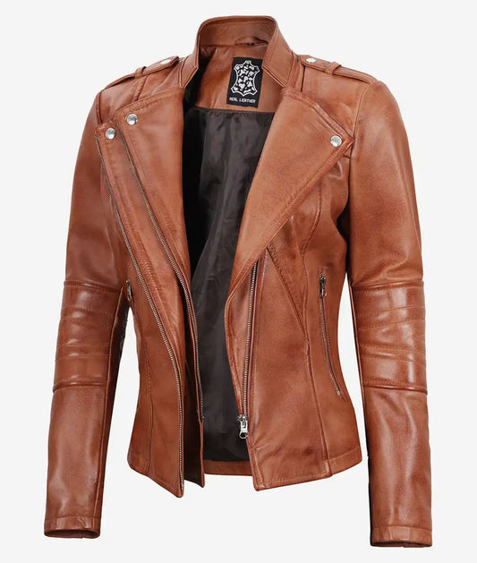 Women's Asymmetrical Tan Moto Leather Jacket image 0