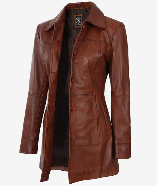 Women's Cognac Button Down 3/4 Length Leather Coat image 0