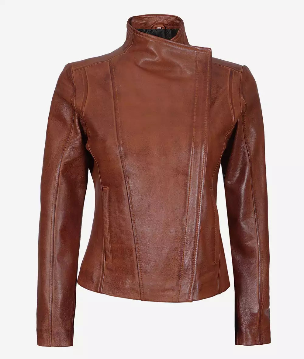 Women's Cognac Asymmetrical Leather Moto Jacket image 1